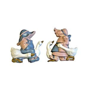 Vintage 1988 Burwood 2 Wall Plaques Girl Boy and Ducks Mother Goose Cottage Core